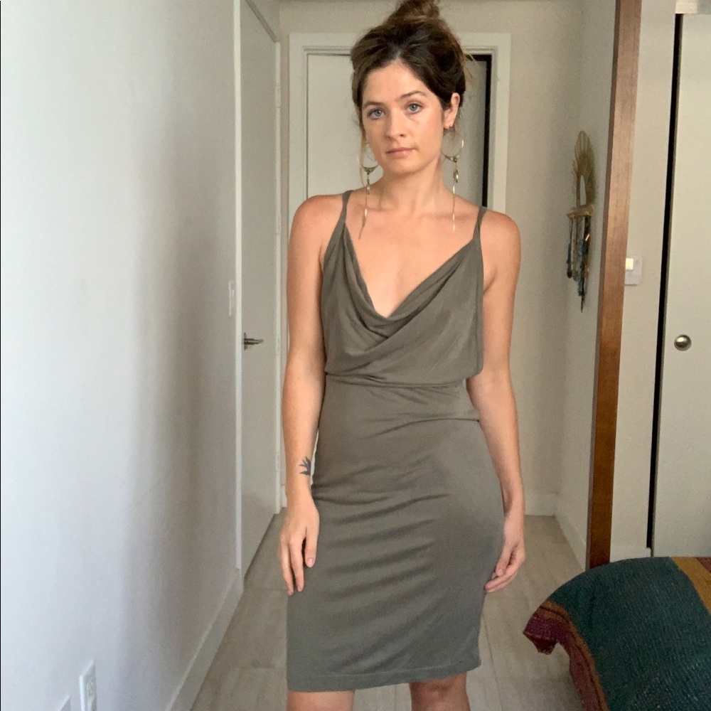 Cowl neck olive green low back dress